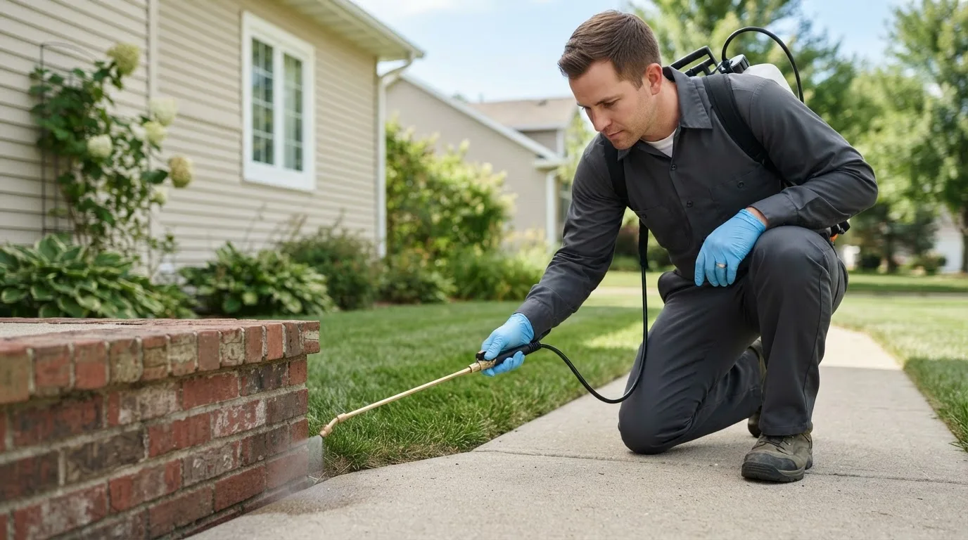Pest control technician treating a home near Bradleyville, MO