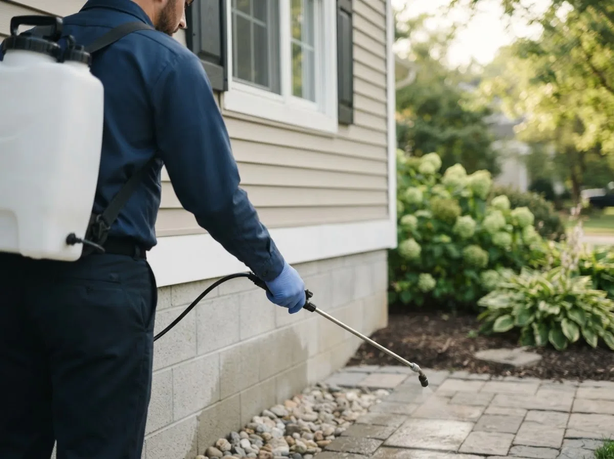 Pest control technician inspecting a home in Bradleyville, MO